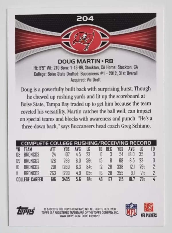 2012 Topps #204A Doug Martin RC/(catching pass) – Image 2