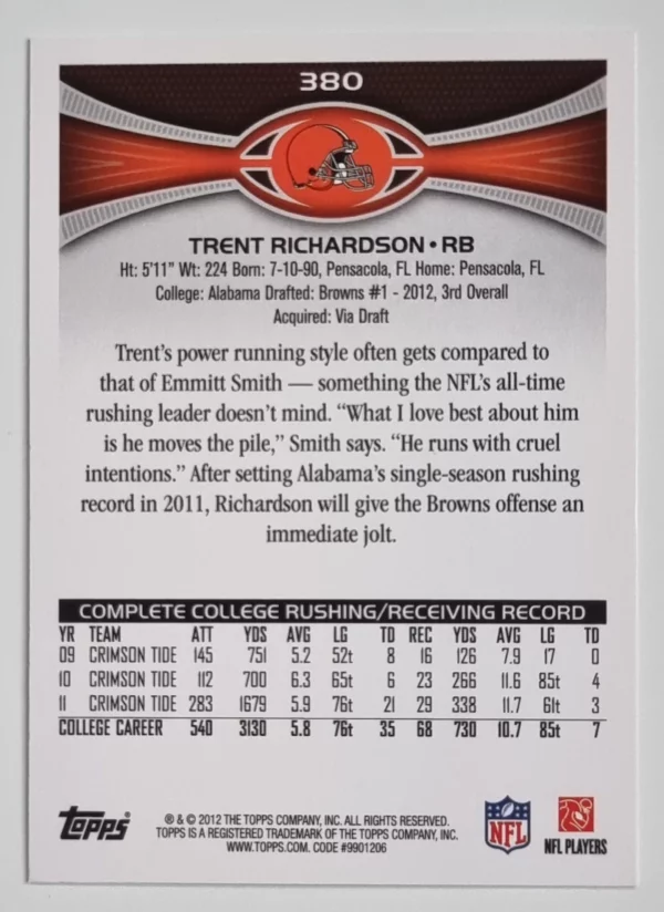 2012 Topps #380C Trent Richardson FS/(running forward, factory set insert) – Image 2