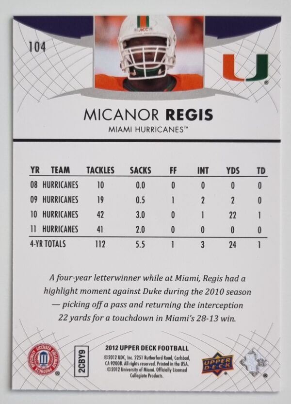 2012 Upper Deck #104 Micanor Regis – Image 2