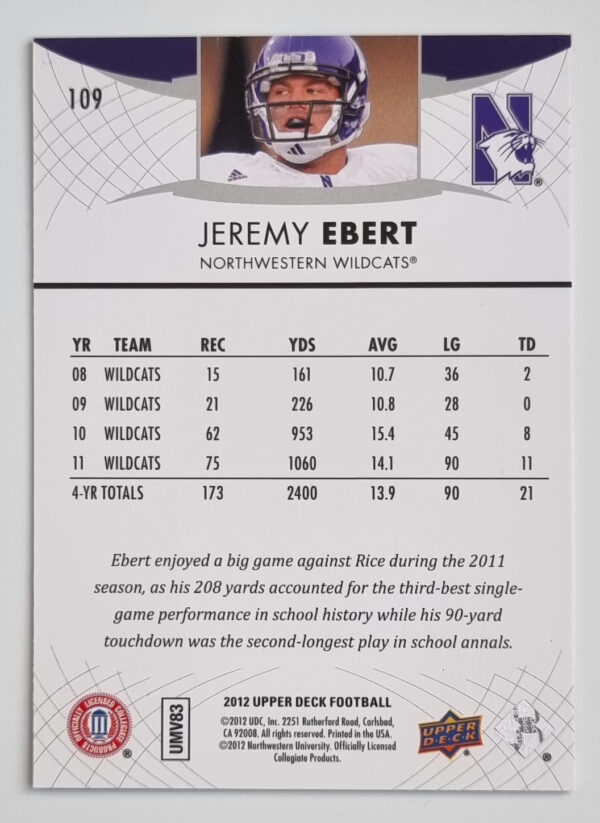 2012 Upper Deck #109 Jeremy Ebert – Image 2
