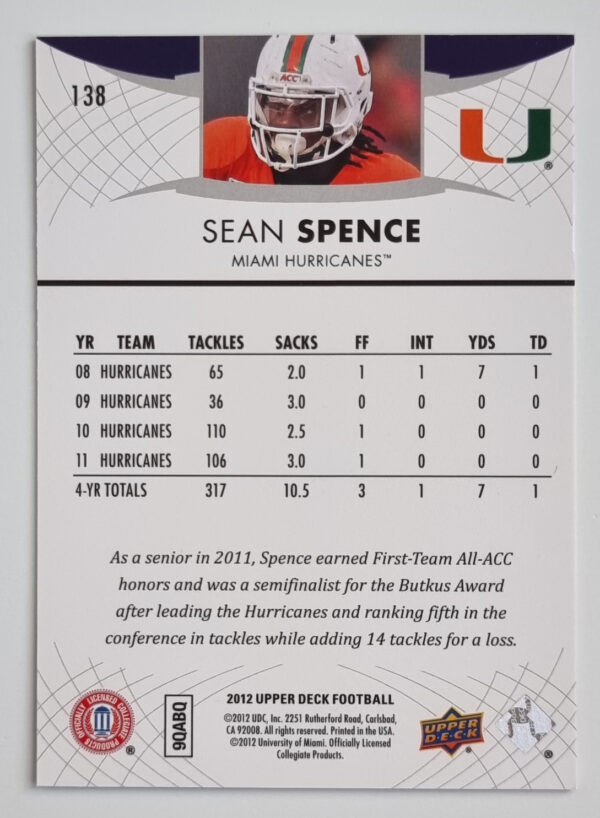 2012 Upper Deck #138 Sean Spence – Image 2