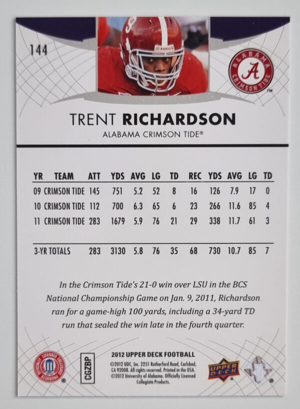 2012 Upper Deck #144 Trent Richardson – Image 2