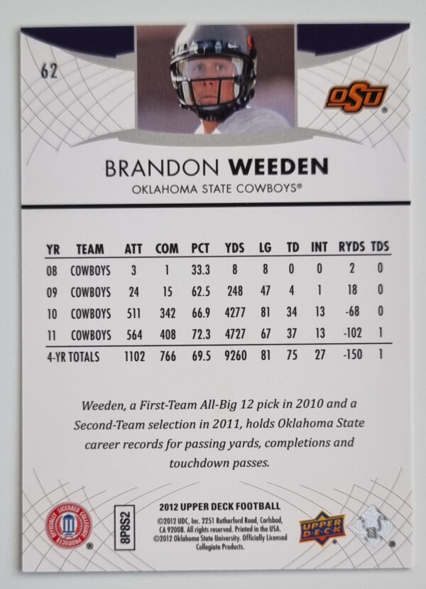 2012 Upper Deck #62 Brandon Weeden – Image 2