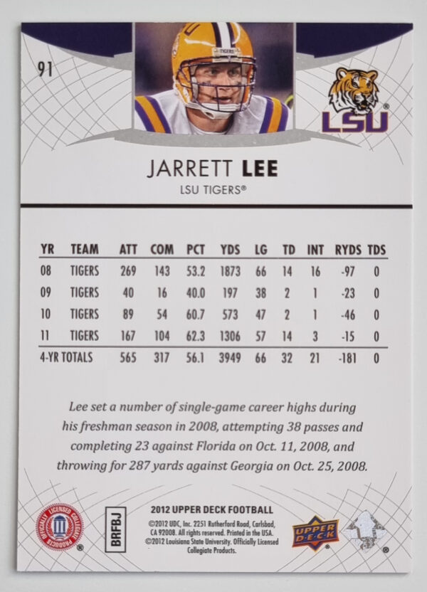 2012 Upper Deck #91 Jarrett Lee – Image 2