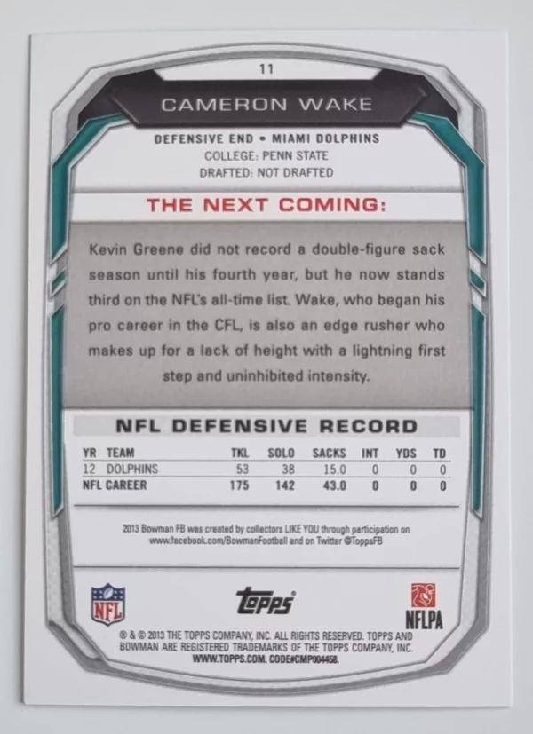 2013 Bowman #11 Cameron Wake – Image 2