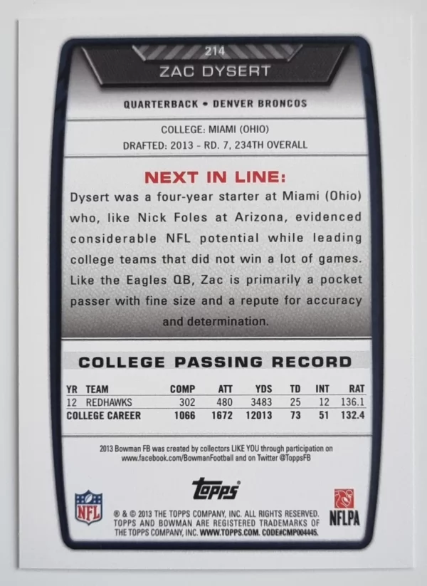 2013 Bowman #214 Zac Dysert RC – Image 2