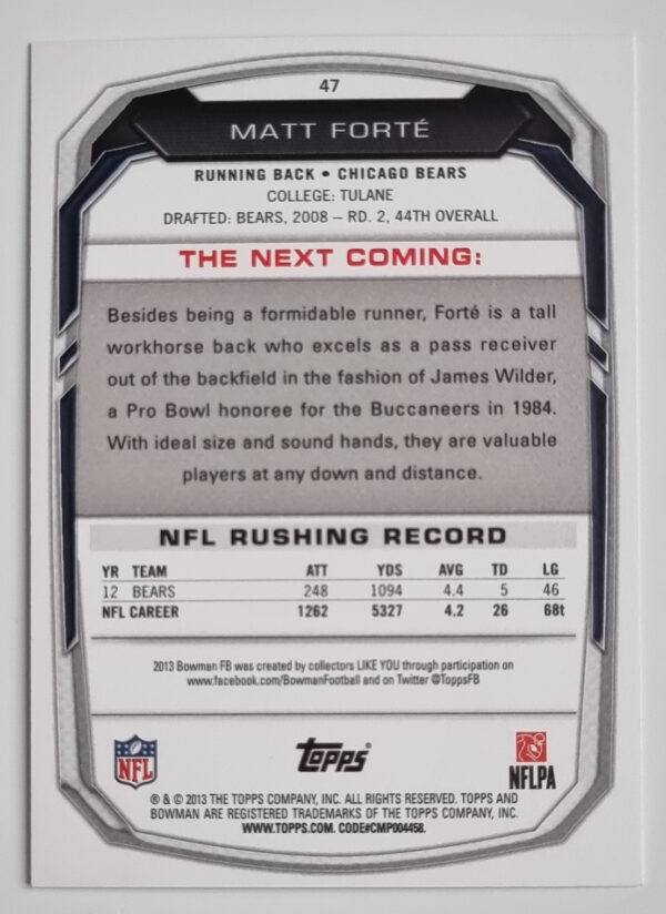 2013 Bowman #47 Matt Forte – Image 2