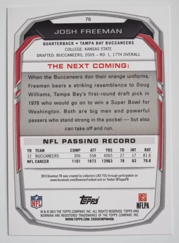 2013 Bowman #76 Josh Freeman – Image 2