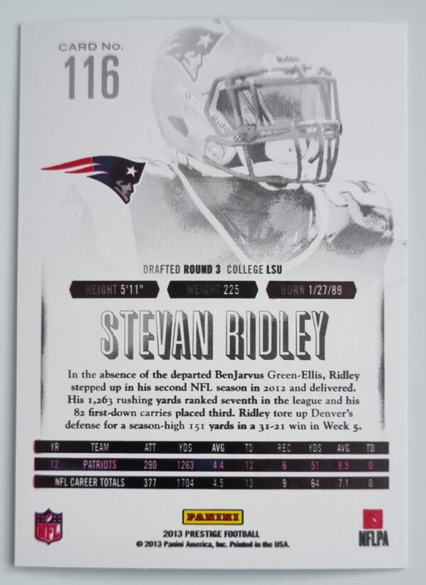 2013 Prestige #116 Stevan Ridley – Image 2