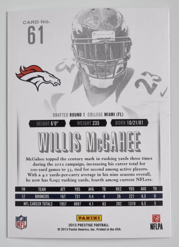 2013 Prestige #61 Willis McGahee – Image 2