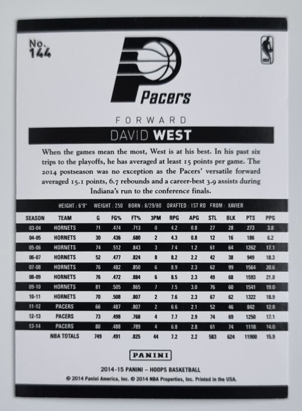 2014-15 Hoops #144 David West – Image 2