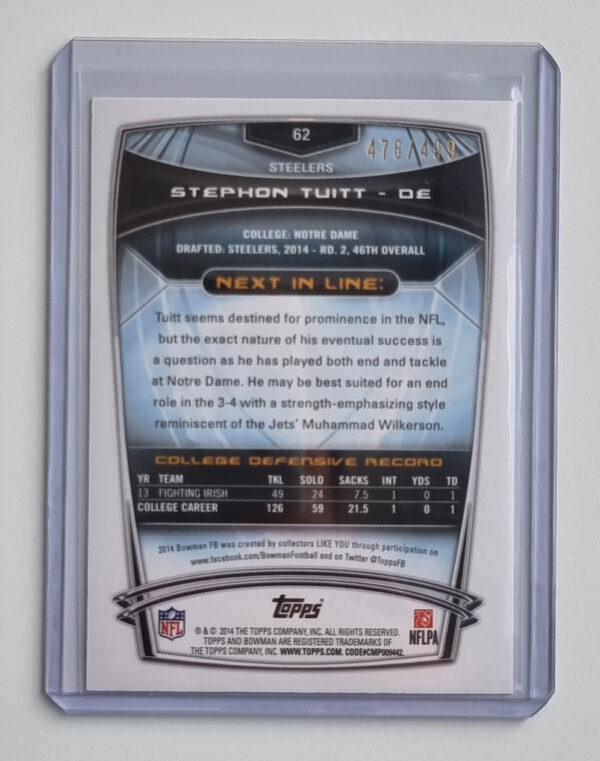 2014 Bowman Blue #R62 Stephon Tuitt – Image 2