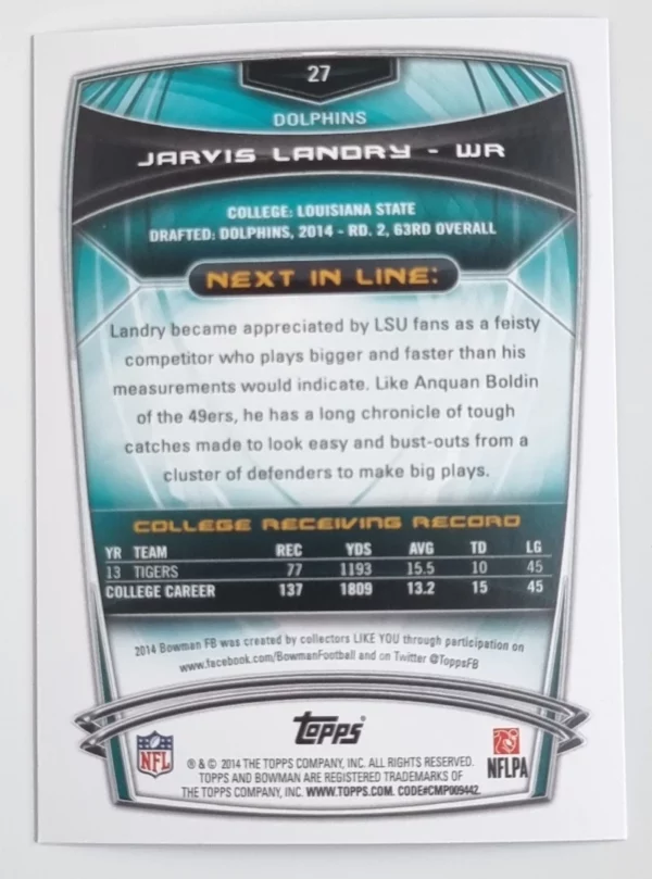 2014 Bowman Purple #R27 Jarvis Landry – Image 2