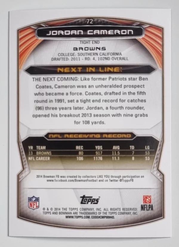 2014 Bowman Purple #V72 Jordan Cameron – Image 2