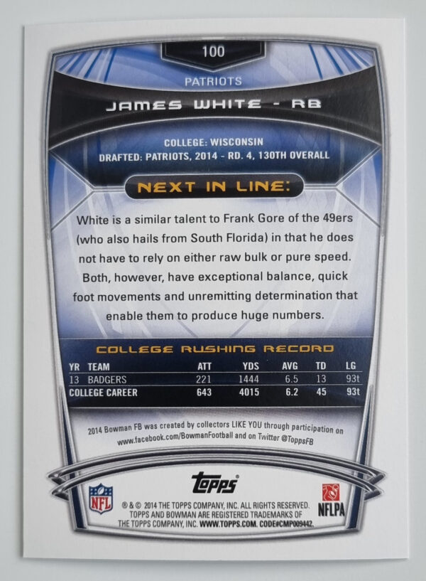 2014 Bowman #R100 James White RC – Image 2