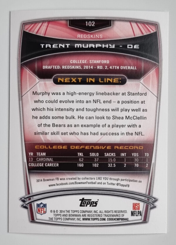 2014 Bowman #R102 Trent Murphy RC – Image 2