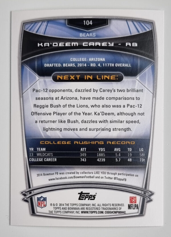 2014 Bowman #R104 Ka'Deem Carey RC – Image 2