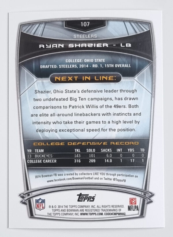 2014 Bowman #R107 Ryan Shazier RC – Image 2