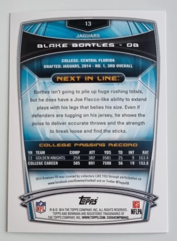 2014 Bowman #R13 Blake Bortles RC – Image 2