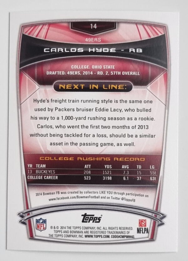 2014 Bowman #R14 Carlos Hyde RC – Image 2