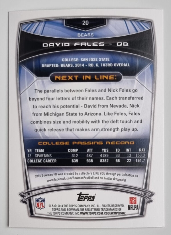 2014 Bowman #R20 David Fales RC – Image 2