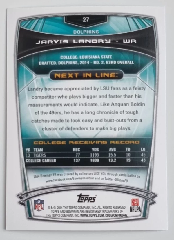 2014 Bowman #R27 Jarvis Landry RC – Image 2