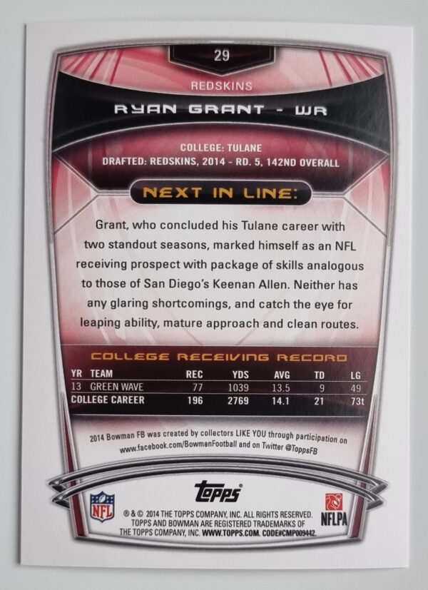 2014 Bowman #R29 Ryan Grant RC – Image 2