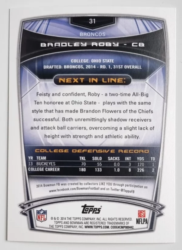 2014 Bowman #R31 Bradley Roby RC – Image 2