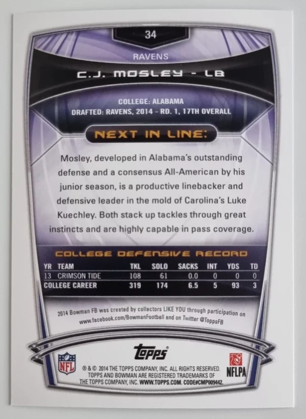 2014 Bowman #R34 C.J. Mosley RC – Image 2