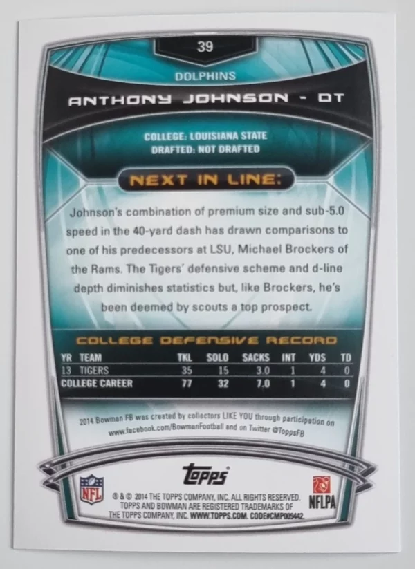 2014 Bowman #R39 Anthony Johnson RC – Image 2