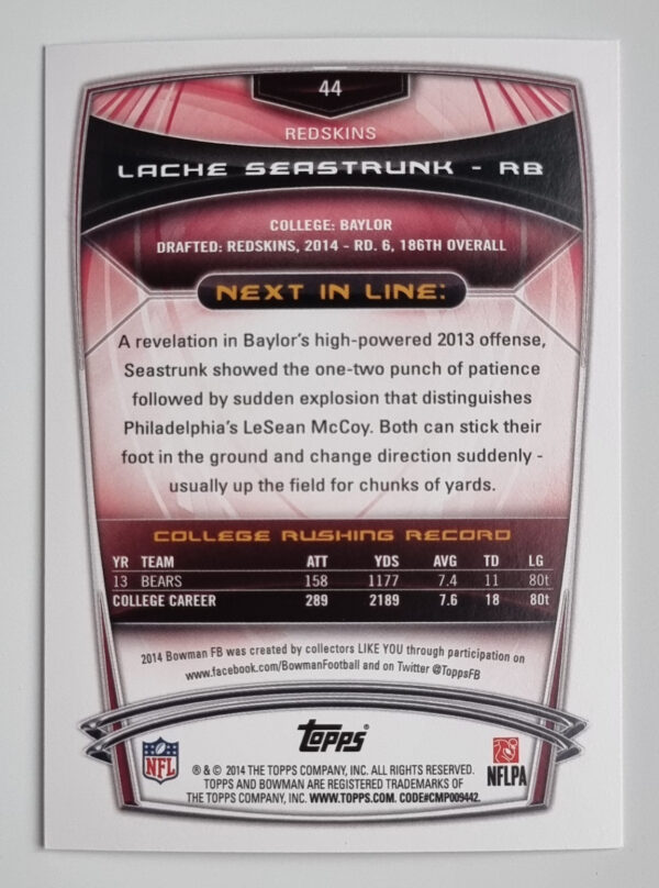 2014 Bowman #R44 Lache Seastrunk RC – Image 2