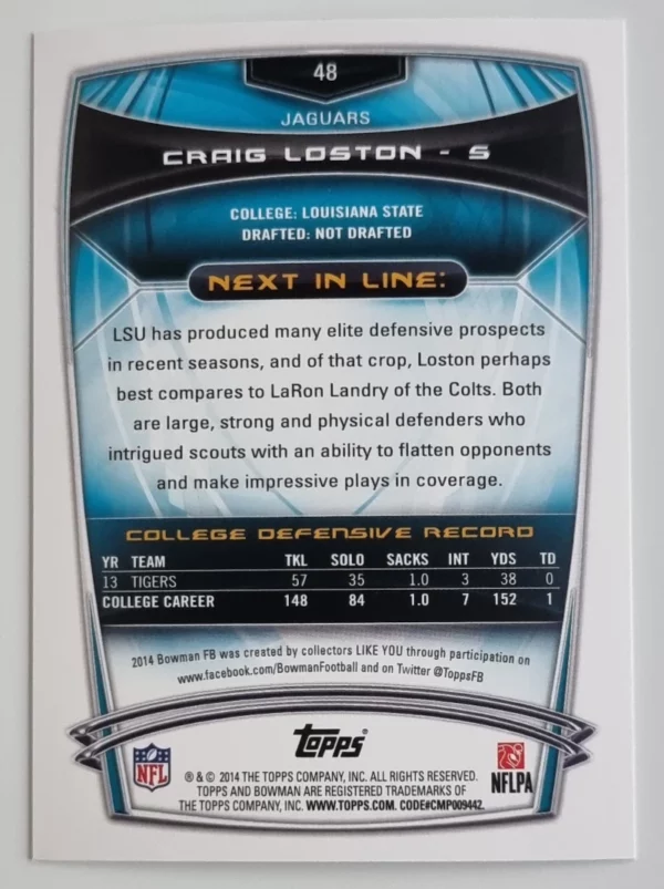 2014 Bowman #R48 Craig Loston RC – Image 2