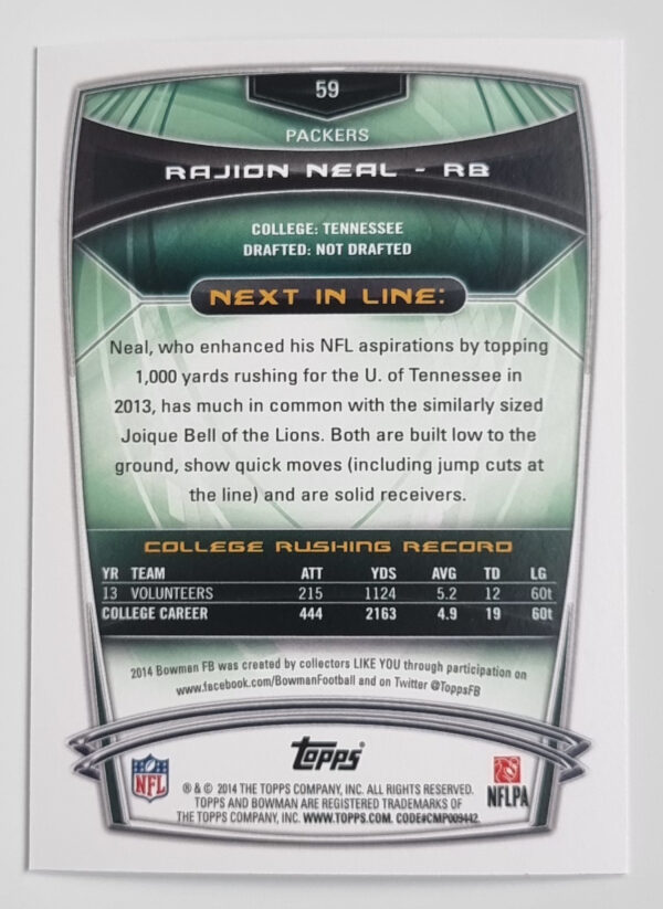 2014 Bowman #R59 Rajion Neal RC – Image 2