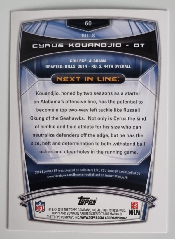 2014 Bowman #R60 Cyrus Kouandjio RC – Image 2