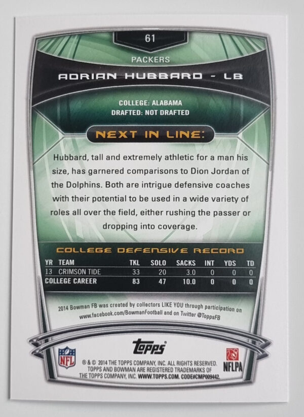 2014 Bowman #R61 Adrian Hubbard RC – Image 2