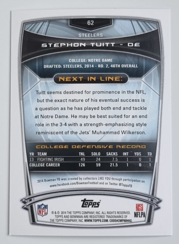 2014 Bowman #R62 Stephon Tuitt RC – Image 2