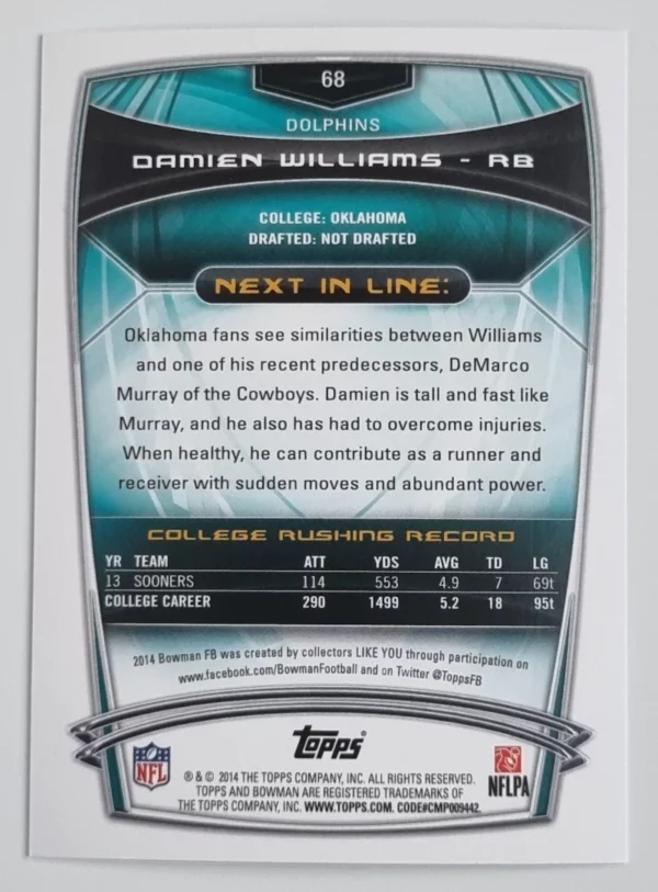 2014 Bowman #R68 Damien Williams RC – Image 2