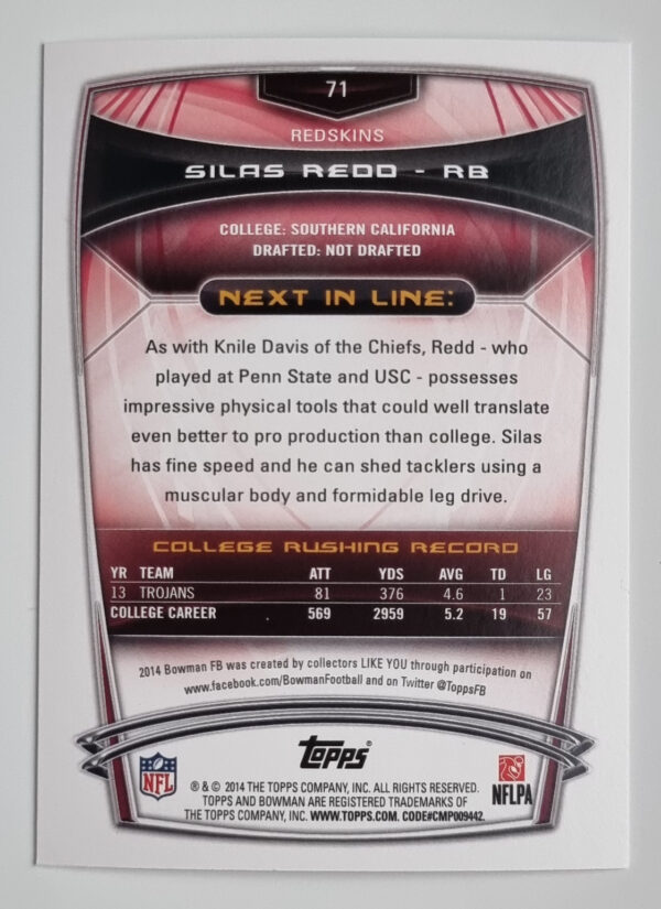 2014 Bowman #R71 Silas Redd RC – Image 2