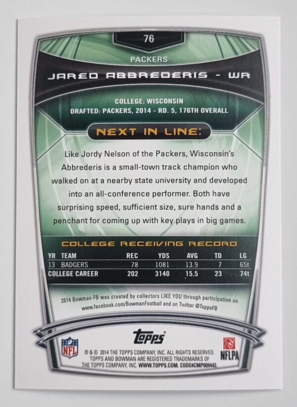 2014 Bowman #R76 Jared Abbrederis RC – Image 2