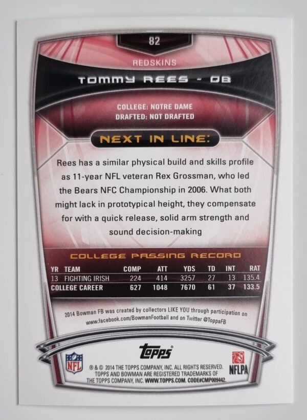 2014 Bowman #R82 Tommy Rees RC – Image 2