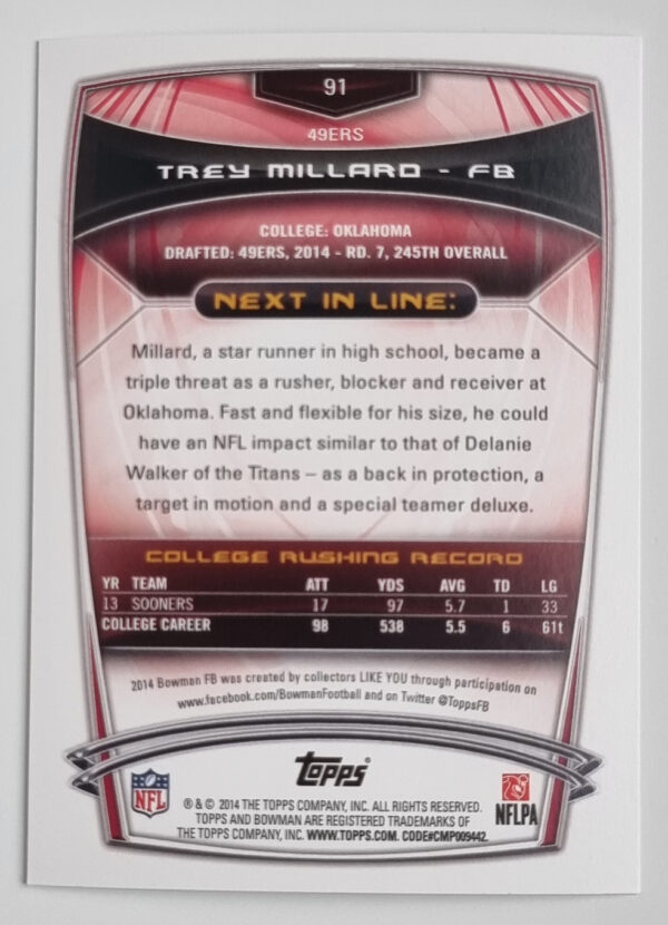 2014 Bowman #R91 Trey Millard RC – Image 2