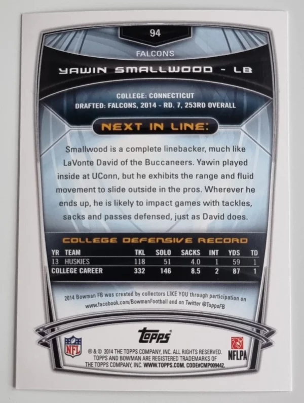 2014 Bowman #R94 Yawin Smallwood RC – Image 2