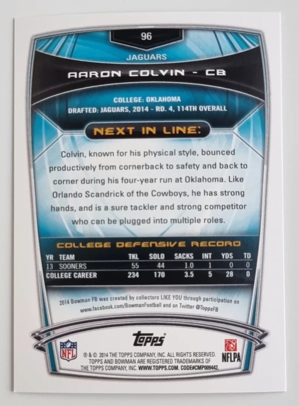 2014 Bowman #R96 Aaron Colvin RC – Image 2