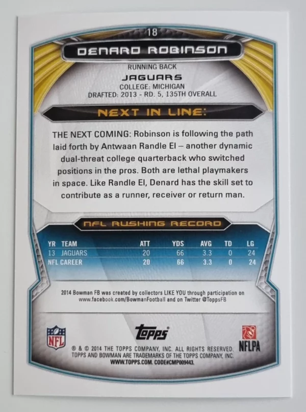 2014 Bowman #V18 Denard Robinson – Image 2