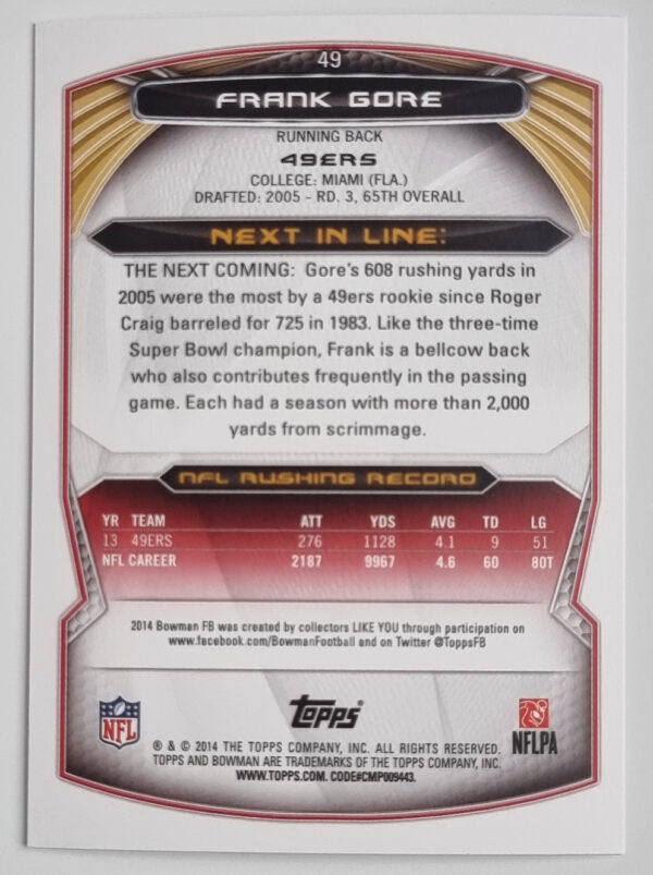 2014 Bowman #V49 Frank Gore – Image 2