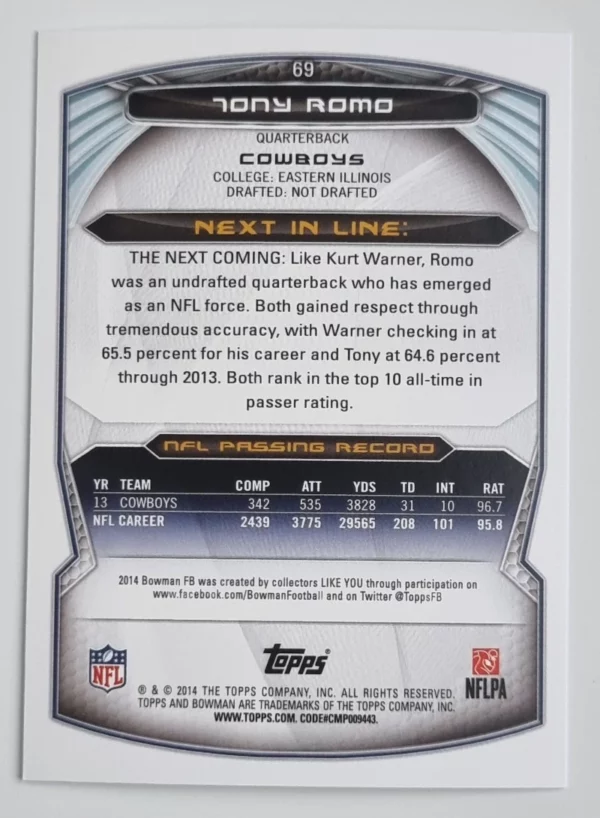 2014 Bowman #V69 Tony Romo – Image 2