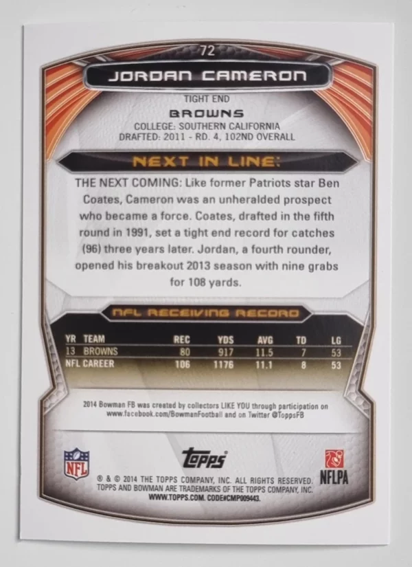 2014 Bowman #V72 Jordan Cameron – Image 2