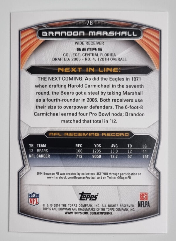 2014 Bowman #V78 Brandon Marshall – Image 2