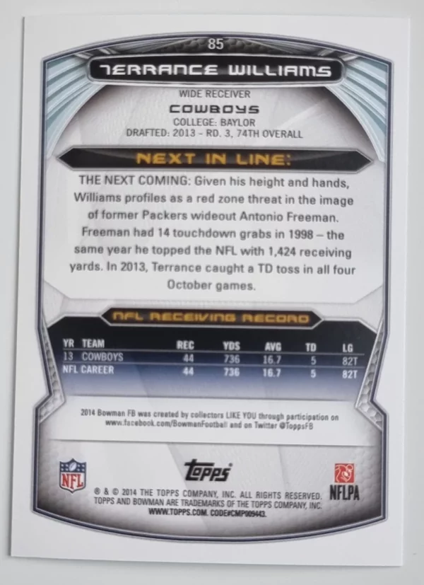 2014 Bowman #V85 Terrance Williams – Image 2