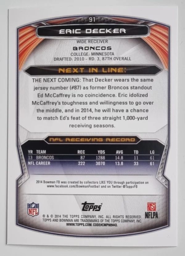 2014 Bowman #V91 Eric Decker – Image 2